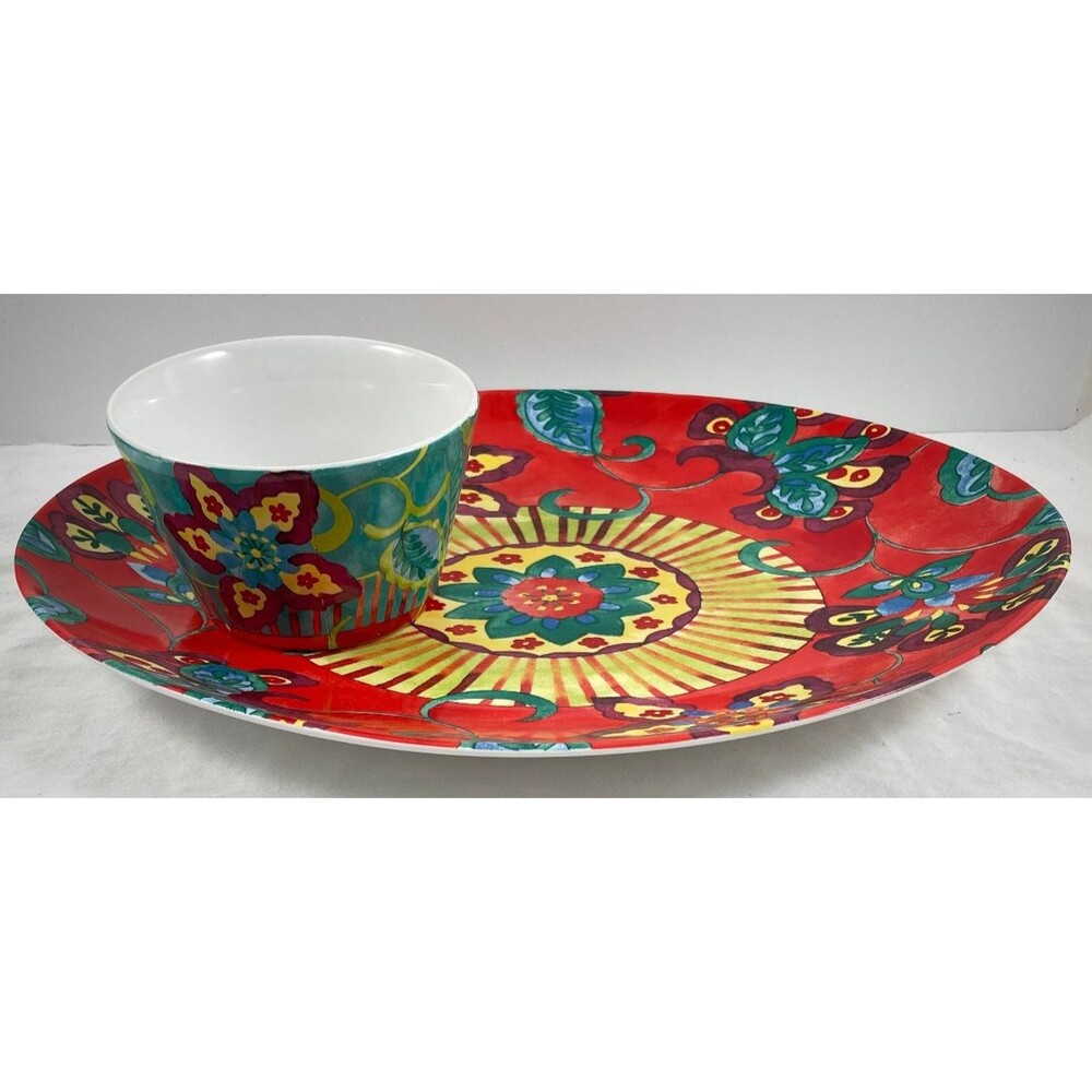 Pier 1 Villa Serving Platter 13.75"L & Condiment Bowl 4.5"D Red Blue Floral
